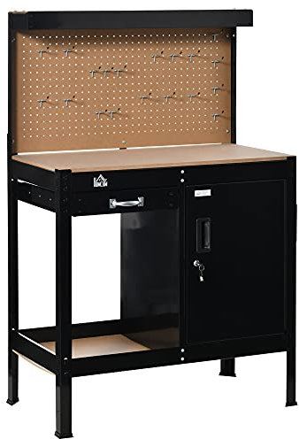 HOMCOM Banco da lavoro con pannello forato cassetto scaffale aperto armadio con 2 chiavi e cassetta laterale, attrezzi da garage fai da te MDF e metallo 98,5 x 48 x 140 cm nero