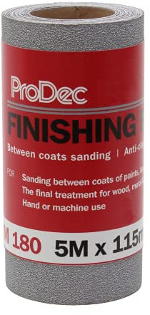 ProDec 5m Roll 180 Grit Medium Grade Finishing Paper for Sanding Between Coats of Paint or Varnish - 115mm Wide Abrasive Paper Roll Compatible with Machine Sanders & Hand Sanders