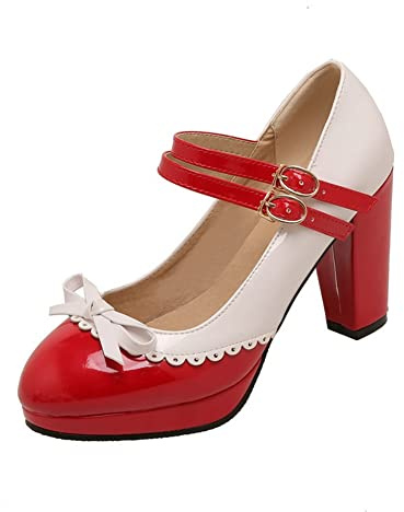 HOTRA Mujer Rockabilly Pump Mary Janes con Lazo Zapato Retro de Punta Redonda con Correa al Tobillo Zapatos Oxford con Plataforma (Color : Rojo, Size : 38 EU)