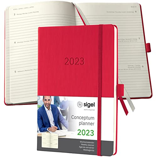 SIGEL C2364 Terminplaner Wochenkalender 2023 - ca. A5 - rot - Hardcover - 192 Seiten - Gummiband, Stiftschlaufe, Archivtasche - PEFC-zertifiziert - Conceptum