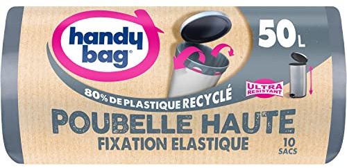 Handy Bag - Sacs poubelle haute à fixation élastique 50L x 10 sacs - Maintient le sac en place - Ultra Résistant -Film triple épaisseur - Étanchéité maximale - 100% plastique recyclé