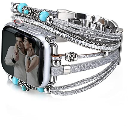 CHARMINGO Boho Leather Bracelet Compatible with Apple Watch Bands for Women Men 38/40/41/42/44/45/46/49mm, Multilayer Wrap Dressy Strap for iWatch Band Series 11 10 9 8 7 6 5 4 3 2 1 SE 3 Ultra 2 3