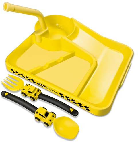 Deinyi Construction Toddler Plates - Construction Utensils for Toddlers - Easter and Birthday Gift Toddler Utensils for 1 2 3 4 5 6 7 year - Yellow