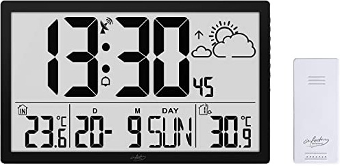 infactory XXL Wanduhr Digital: Funk-Wanduhr mit Jumbo-LCD-Display, Wetterstation und Außensensor (Funk Digital groß, große mit Wetterstation, Alarm)