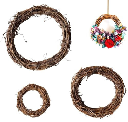 3 Stück Rattan Kranz, Dekokranz Tischkranz, Türkranz Rohling, Weinreben Kränze, Kranz Deko Rattan, für Türkranz Holz Dekoration Ornament Tor Wand Party Hochzeit