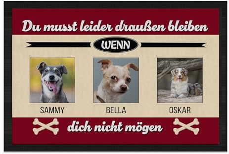 PfotenSchild personalisierte Haustier-Fußmatte für Hunde und Katzen selbst gestalten - Du musst leider draußen bleiben - individuell mit Fotos & Tiernamen - drei Tiere - 60 x 40 cm