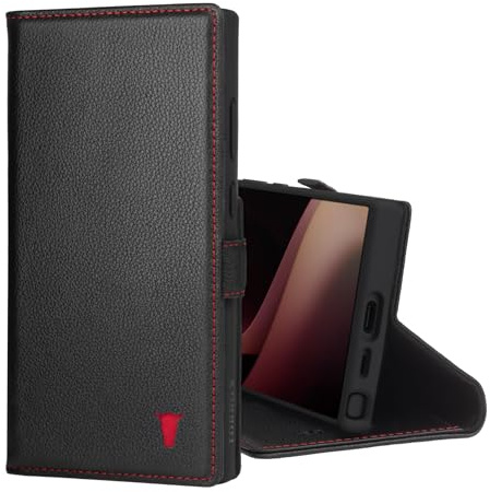 TORRO Case Compatible with Samsung Galaxy S24 Ultra 5G – Premium Leather Wallet Case with Kickstand and Card Slots (Black with Red Detail)