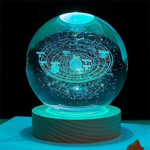 HADAVAKA K9 Bola De Cristal 3D Sistema Solar, Bola De Cristal Multicolor Noche Luz Decoración Artesanía, 6/8 Cm Planeta Modelo, Fresco Escritorio Galaxia Decoración con Base De Led (Sun,6CM)