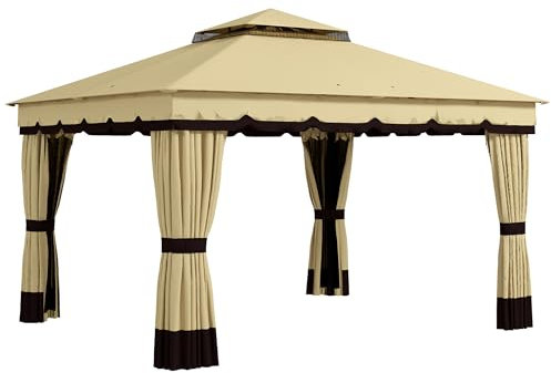 Outsunny Cenador de Jardín 3,7x3 m Gazebo de Exterior con 4 Paredes Laterales 4 Mosquiteras Doble Techo Impermeable y Anti-UV para Terraza Patio Playa Beige