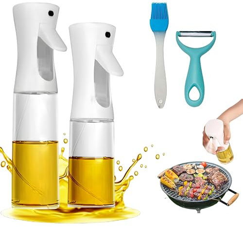 MAHAVIRA Pulverizadores de Aceite - Pack Spray Dispensador con Cepillo y Pelador de Patatas de Silicona - Vaporizador de Cocina - Pack de 2 (200ml y 300ml)