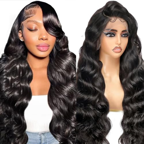 Echthaar Perücke Human Hair Wig 13x6 Body Wave HD Transparent Lace Front Wig Human Hair For Black Women Glueless Schwarze Perücke Damen Pre Plucked Mit Babyhaar Lace Frontal 18 Zoll