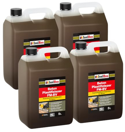Isolbau Beton Plastifizierer FM-BV - 4 x 5 Liter, stark verflüssigend & plastifizierend – Betonverflüssiger Fliessmittel als Zusatzmittel für Estrich, Beton, Mörtel - Chlorfrei, keine Stahlkorrosion