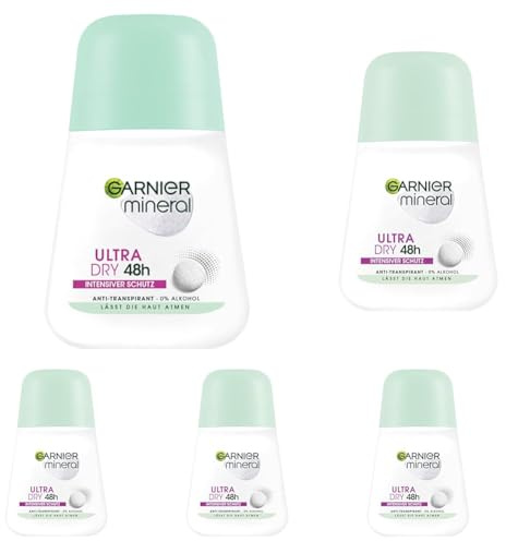 Garnier Anti-Transpirant, Intensiver Schutz vor Körpergeruch & Achselnässe, Bis zu 48 Stunden Wirkung, Mineral UltraDry, 1 x 50 ml (Packung mit 5)