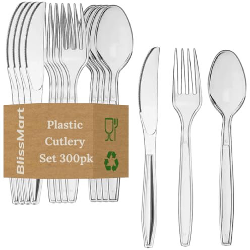 BlissMart 300 Pcs Heavy Duty Clear Plastic Cutlery Set Premium Quality Washable & Reusable 100 Spoons, 100 Forks, 100 Knives Set Perfect for for All Occasion Birthday Parties Weddings Camping
