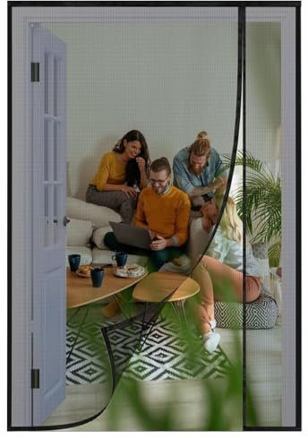 Tenda Antimosche, 185x205cm Nero Tenda Antimosche con Nastro con Gancio, Zanzariera Spegnimento Automatico, Protezione Antimosche Senza Forare, per Porta Del Balcone, Cantina, Terrazza