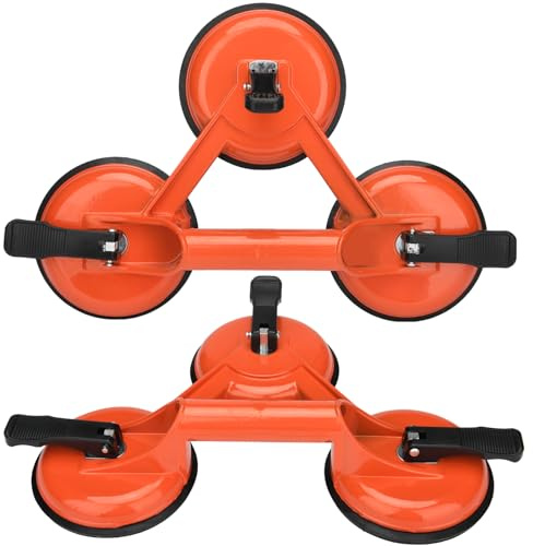 2 Stück Saugheber Glassauger Glasheber Fliesenheber Saugheber Glas Aluminium Vakuumheber Gummisauger Saugnäpfen Suction Lifters für Transport Fliesen, Woods Boden, Glatte Oberfläche（3 klaue Orange）