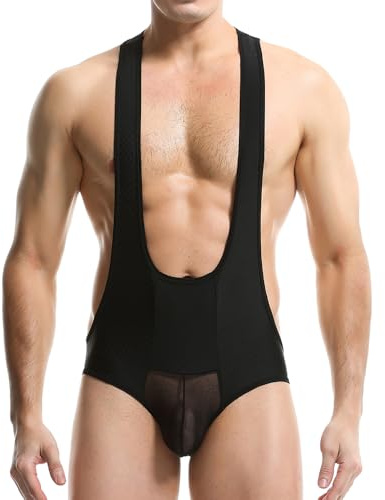 WMIERFI Herren Bodysuit Thong Jockstrap Mesh Patchwork Jumpsuit Leotard G-String Wrestling Singlet Einteiler
