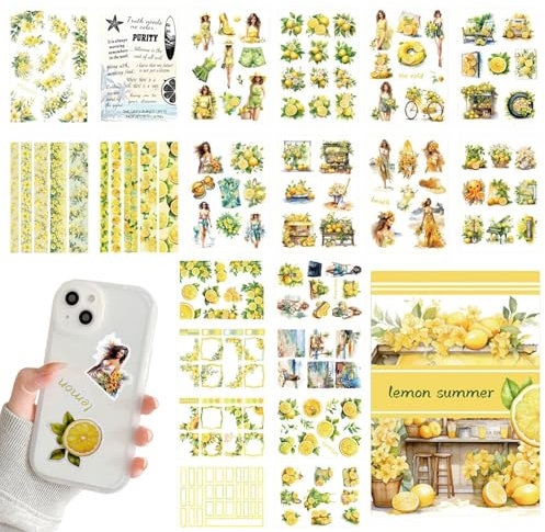 Vintage-Blumen-Sticker-Buch – Zitronen-Serie, Vintage-Natur-Aufkleber für Tagebuch, Tagebuch, Handyhülle, PET-Blumenmuster, Erwachsenen-Aufkleberbuch
