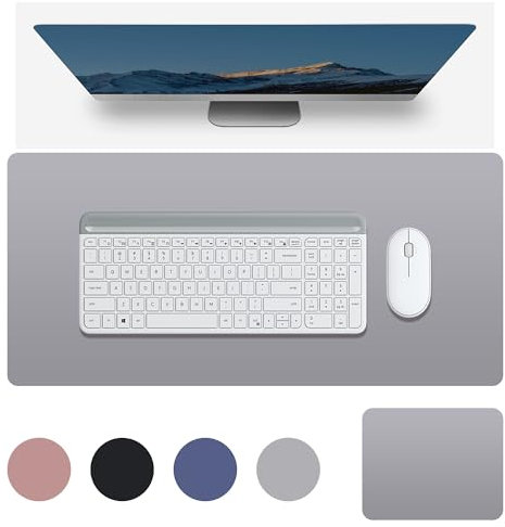 Rhimooay Schreibtischunterlage Leder + Mauspad XXL, Wasserdichte Tastatur Unterlage, PC Unterlage Schreibtisch, Abwischbar Doppelseitige Schreibtisch Unterlage für Büro/Zuhause - Grau
