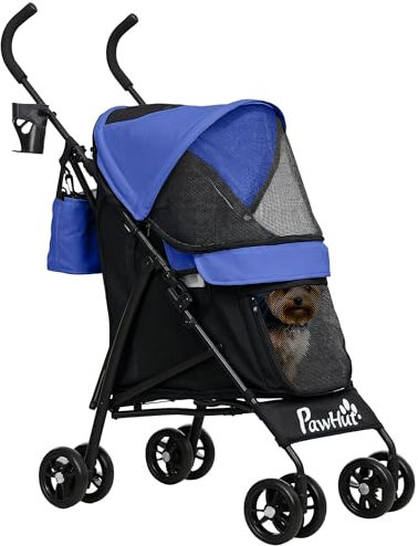 PawHut Pet Stroller for Miniature Dogs, Foldable Dog Stroller with Shoulder Strap, 4 Wheels Pet Pram with Storage Bag, Cup Holder, Dark Blue