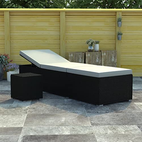Fasba Sonnenliege Gartenliege Liegestuhl Liege Gartenmöbel Saunaliege Strandliege mit Auflage und Teetisch Poly Rattan Schwarz