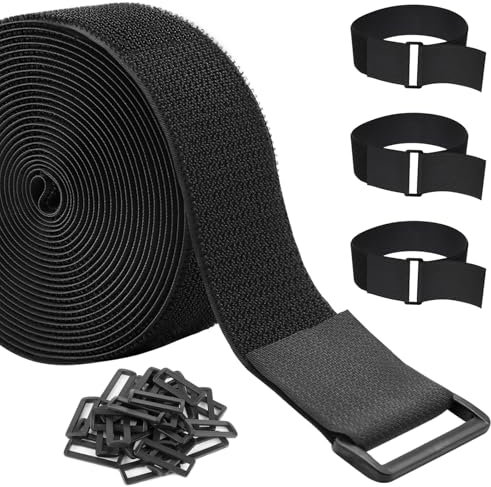 ZSURLUX 3.8cm*5m Heavy Duty Cinch Straps with 20 Buckles, Cut-to-Length Hook and Loop Strips, Adjustable Long Cable Ties for Home and Office Storage, Black