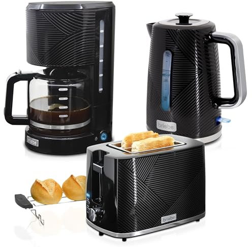 briebe Elegance Ensemble Grille Pain 2 Fentes Tranches Larges + Bouilloire Électrique 1,7 L, 2200W, sans BPA + Cafetière Filtre 10 Tasses, Pack Petit Déjeuner Électroménager, Design Moderne, Noir