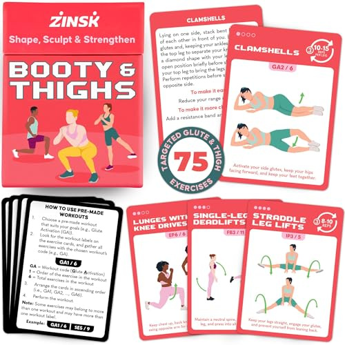 Zinsk 75 Booty & Thighs Exercise Cards - No Equipment Needed Glute Workouts to Shapen and Lift - Compact 3.5 x 2.5 Cards for Fun, Fast Home or Travel Leg and Butt Workouts for Women