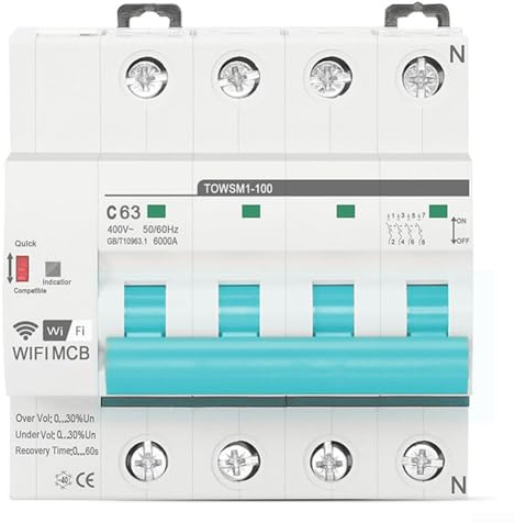 Disjoncteur intelligent WiFi, 3P+N pour Tuya Din Rail fuite de surintensité pour la protection du courant disjoncteur réglable, minuterie télécommande APP Smart Switch MCB (16 A)