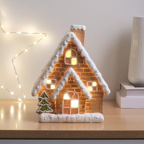 Lights4fun Lebkuchenhaus aus Keramik | Dekohaus mit LEDs beleuchtet | Weihnachten Weihnachtsdorf Weihnachtsdekoration | 23 cm groß