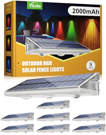 YiLaie Solar Fence Lights Outdoor, IP67 Waterproof, Color Changing, 8 Pack | 2000mAh Battery, 7 Colors & 8 Modes, Solar Powered, Dusk to Dawn Auto On/Off, for Garden Backyard Fence Wall Décor