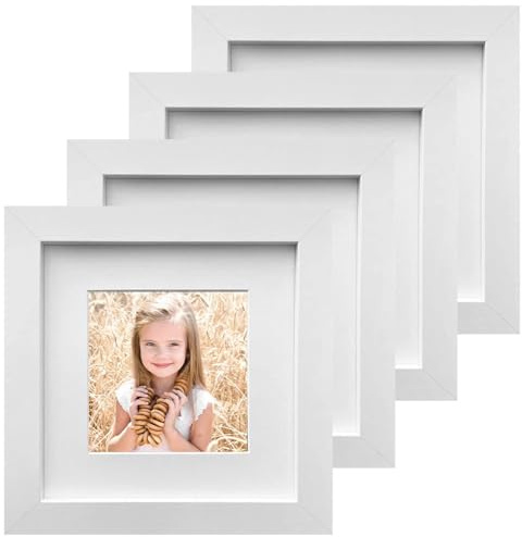 Dulynva Juego de 4 Marcos de Fotos Cuadrado de Madera 15x15cm Blanco Marcos de Cartón con Passepartu Cristal Acrilico para Mesa y Decoración de Pared, con Soporte y Gancho