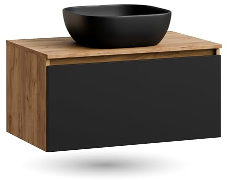 Ensemble de meubles de salle de bain Planetmöbel Arisa - Lavabo de 80 cm en or chêne noir, vasque de 42 cm noire, avec siphon économiseur d'espace inclus