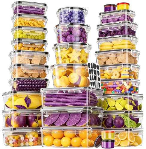 RWFMO 30 Pcs Plastic Food Storage Containers with Lids, BPA-Free Airtight Meal Prep Containers with Labels Pen, Reusable Kitchen Storage Set for Kitchen, Microwave Dishwasher Safe