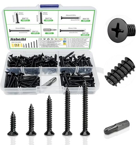 Jiahezhi 152 Pcs Self Tapping Screw Set M4 Wood Screws Assortment kit | 5 Size Phillips Cross Head Countersunk Screws, Self Tapping Countersunk Screws, Dry Wall Screws for DIY and Furniture Repairs