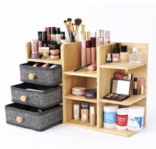 Topvaleur Bamboo Makeup Organizer Storage Drawers, Cosmetics Organiser Large Capacity Dressing Table Organiser For Lipsticks, Skincare Nail Care, Jewelry, Skincare Organiser & Vanity Organiser