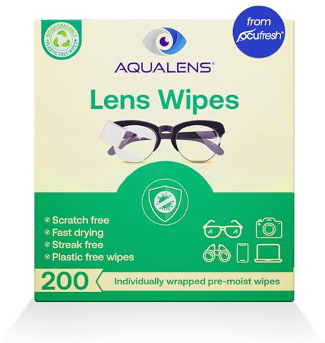 Aqualens Lens Wipes – 200 Individually Wrapped, Biodegradable, Streak-Free & Scratch-Free Eyeglass & Screen Cleaning Wipes | Plastic-Free, Fast-Drying Wet Wipes for Lenses, Phones & Laptops