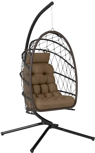 Outsunny Silla Colgante Huevo con Soporte, Columpio Jardín Exterior con Cesta Plegable de Ratán, Cojín Grueso, Reposacabezas, Altura Ajustable, Cuerda para Interior y Exterior, Marrón
