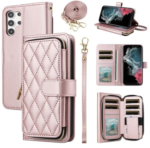 ELISORLI Wallet Case for Samsung Galaxy S26 Ultra 5G with Detachable Wrist Strap Shoulder Strap 9 Card Slots Zipper Purse Stand Cell Phone Cover for S26Ultra 26S S 26 26Ultra 6.9 2026 Women Pink