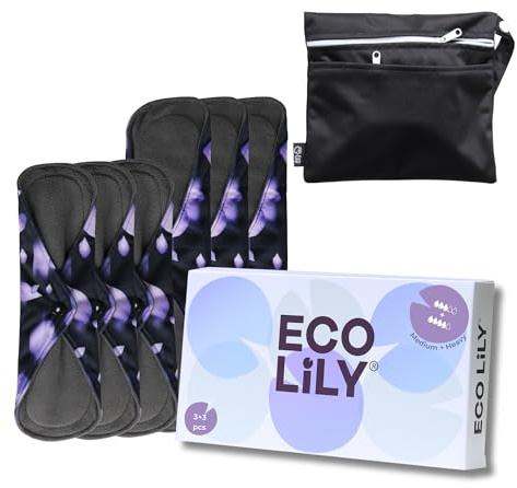Eco Lily Reusable Sanitary Pads (6Pk for Medium to Heavy Flow) – Odour- Absorbing Charcoal Bamboo Pads for Women Sanitary Towels – Reusable Pads Menstrual with Waterproof Wet Bag
