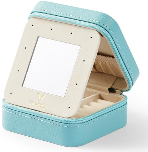 VEE&CO. Kleiner Reise-Schmuckkoffer für Damen 2024, Mini-Schmuck-Organizer mit Spiegel, tragbare Aufbewahrungsbox, Schmuckschatulle für Ohrringe, Ringe, Halsketten, Armbänder für Frauen und Mädchen