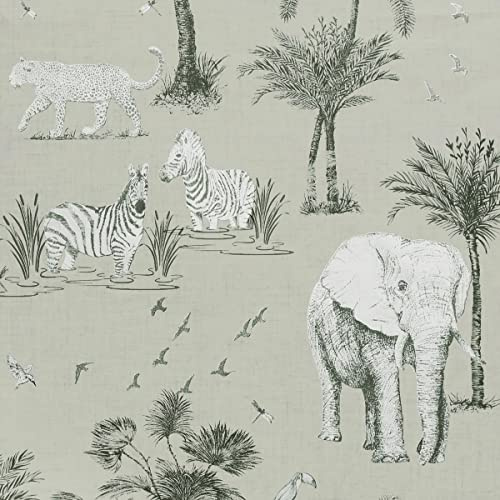 Arthouse Hand Drawn Safari Animals & Palm Trees Lagoon Grey Metallic Effect Wallpaper - Freshness to Maximise Light - Living Spaces & Feature Walls - Bedroom - Dining - Hallway - Living Areas 908902