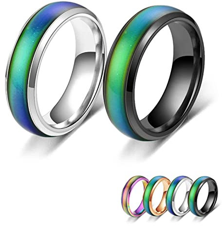 Bymivofun 2 Stück Stimmungsringe, Temperatur Emotion Ring, Edelstahl Farbwechsel Stimmung, für Freund Freundin Tägliche Party Geburtstag Valentinstag Jubiläum (Schwarz, Silber, 64 (2.08))