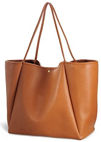 HOXIS Sac fourre-tout surdimensionné en cuir végétalien pour femme, sac à main, sac à main de voyage, marron, Medium
