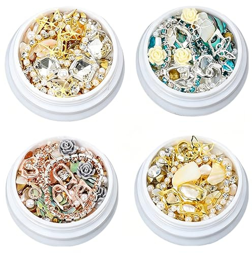 4 Boxes 3D Nail Art Charms, Mixed-Style Nail Rhinestones, for Women Girls | Includes Nail Gems, Rose Flower, Shell Slices, Pearl, Nail Chain, Diamonds, Metal Studs, DIY Manicure Decoration Supplies