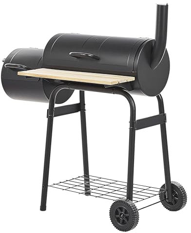 Barbecue de Jardin au Charbon de Bois avec Couvercle Fonction Fumoir Annexe à Roulettes Noir Satah