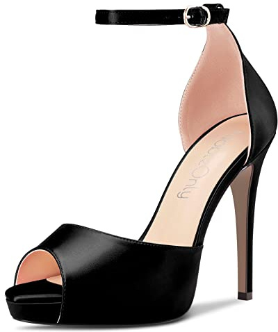 NobleOnly Femmes Aiguille Haut High Talon Heel Plate-forme Lanières Cheville Sandales Mariage Party Dress Romaines 12 CM Heels Noir Satin 44 EU