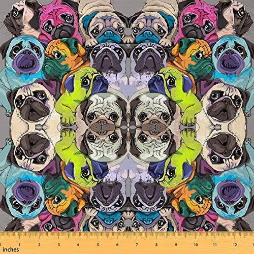 Bunte Mops Stoff Meterware Niedlicher Hunde Polsterstoff Ckunstoon Haustier Tiere Dekostoff Hippie Kawaii Welpen Graffiti Kinder Wasserdichter Stoff für Polsterung Akzente Im Haus 92 x 150 (HxB)