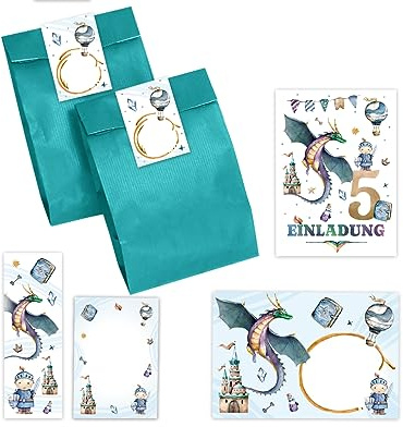 Minkocards 12 Einladungskarten zum 5. Kindergeburtstag Junge Ritter Drache Einladung zum fünften Geburtstag incl. 12 Umschläge, 12 Partytüten/petrol, 12 Aufkleber, 12 Lesezeichen, 12 Mini-Notizblöcke