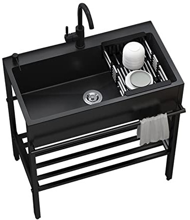 Freestanding Sink Unit Commercial Square Sink, 304 Stainless Steel Single Bowl Station Utility Sink with Drainer Unit and Tap for Kitchen Bar Restaurant